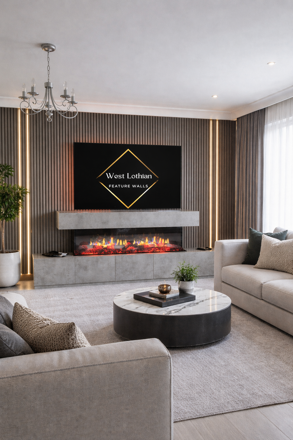 The Alba — Compact Living Room Solution — bespoke media wall installation in Falkirk by West Lothian Feature Walls