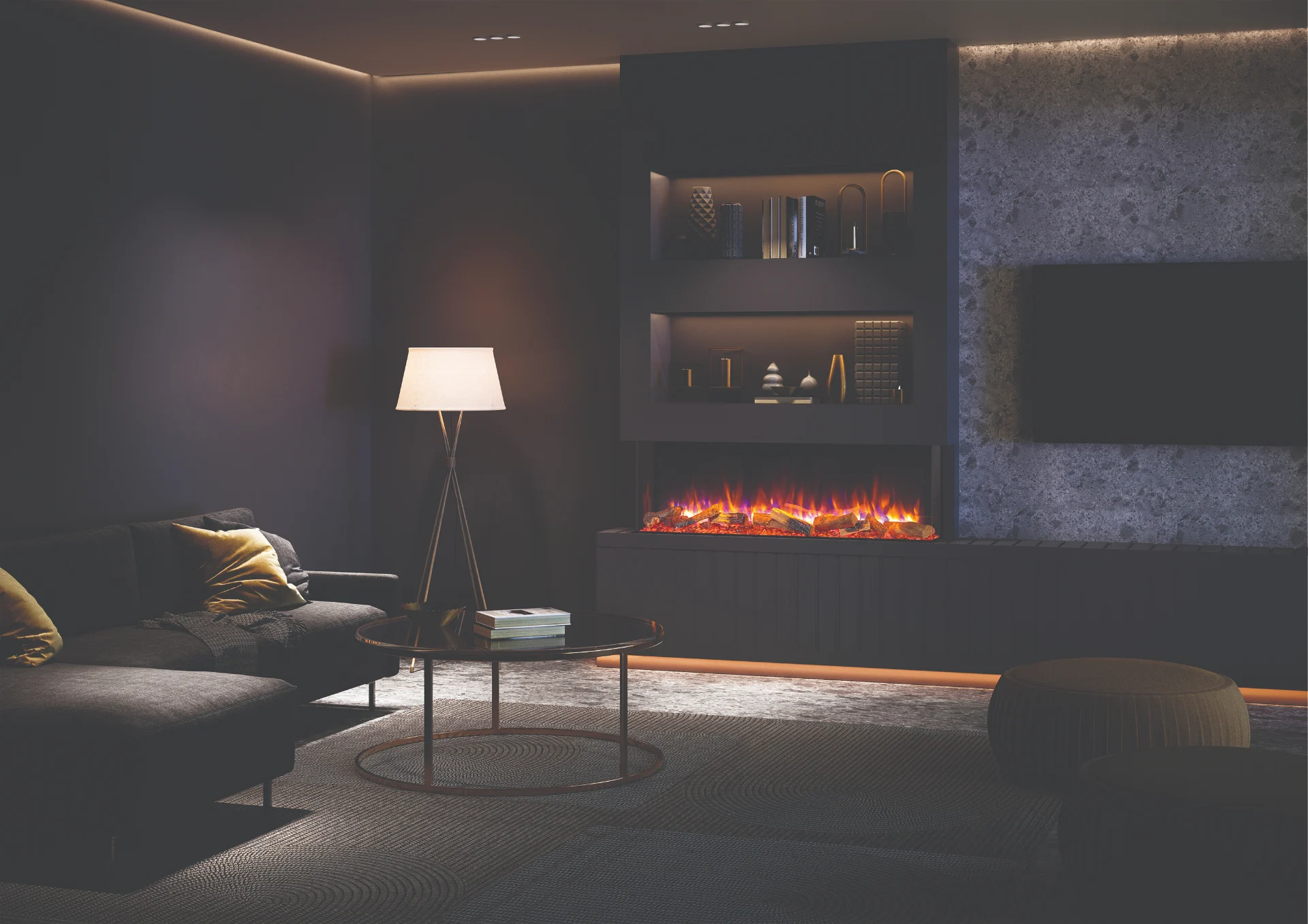 eReflex 150RW electric fireplace for bespoke media walls — supplied and installed across Scotland by West Lothian Feature Walls