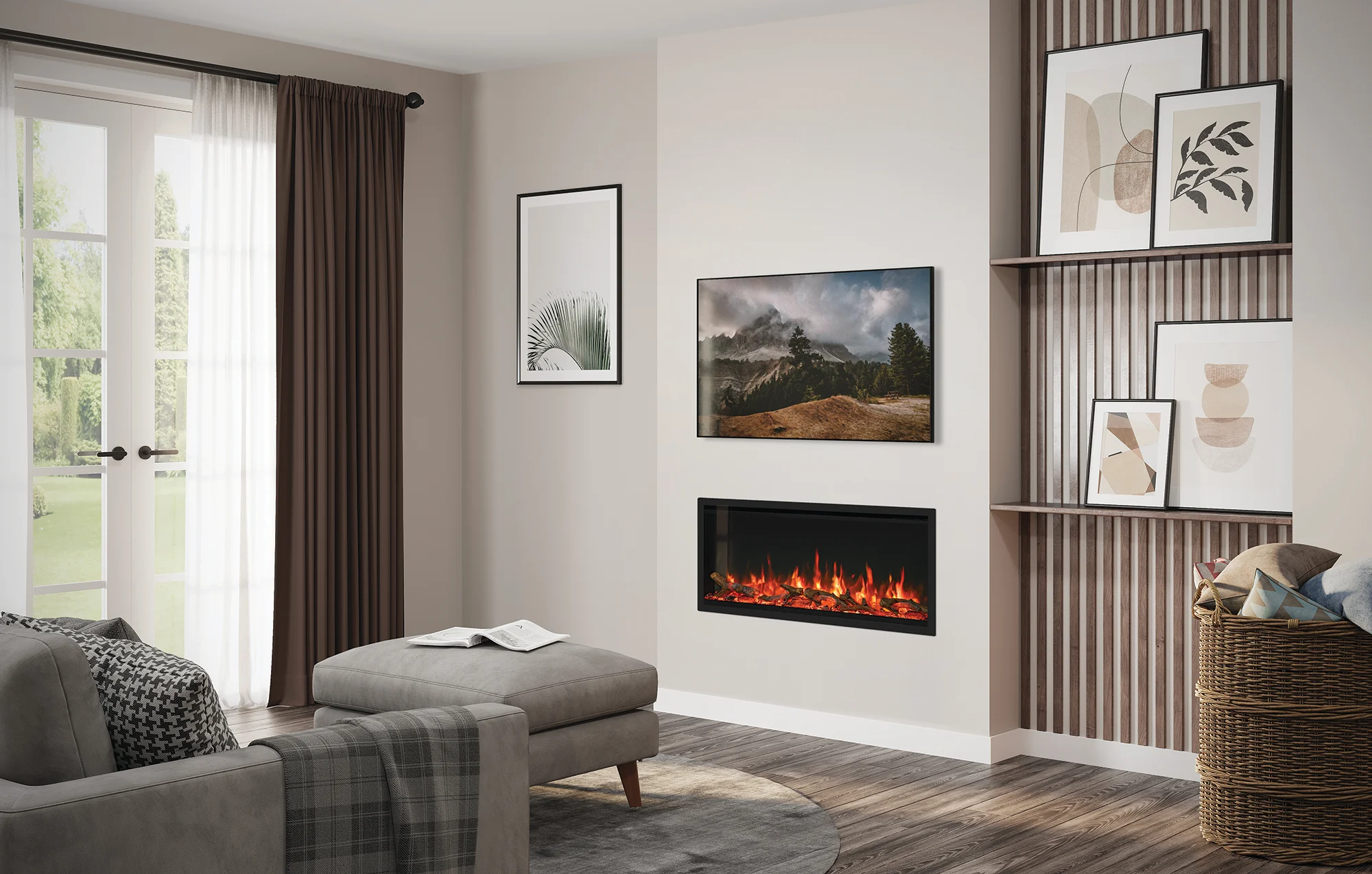 FireFX Atmos 105 electric fireplace for bespoke media walls — supplied and installed across Scotland by West Lothian Feature Walls