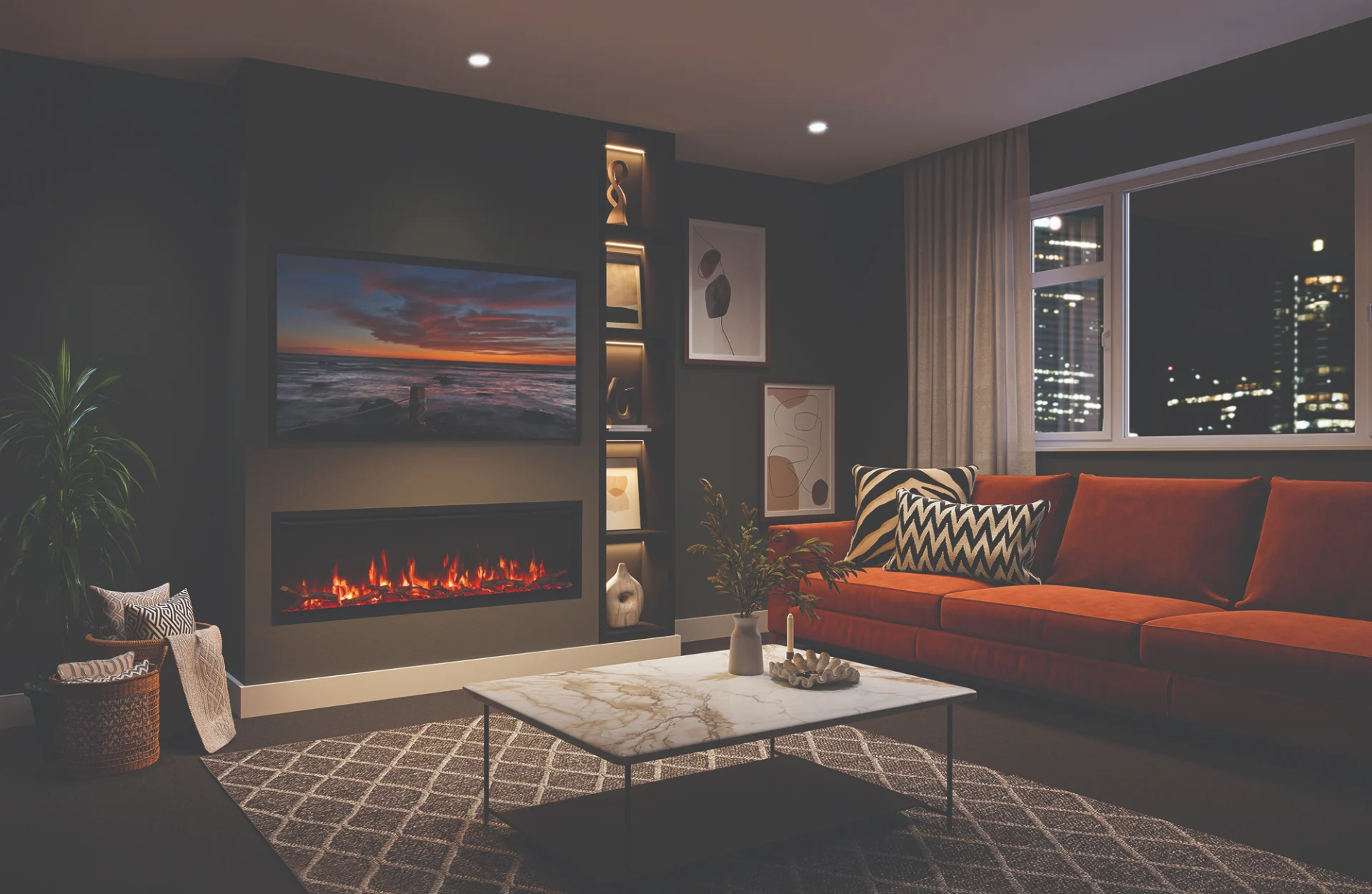 FireFX Atmos 135 electric fireplace for bespoke media walls — supplied and installed across Scotland by West Lothian Feature Walls