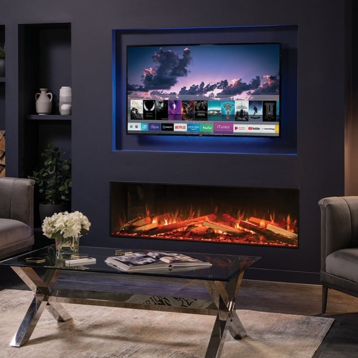 Mood Light Kit electric fireplace for bespoke media walls — supplied and installed across Scotland by West Lothian Feature Walls